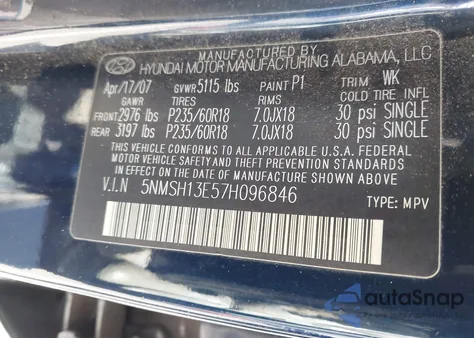 2007 Hyundai Santa Fe Limited/Se из США, поврежденный, VIN 5NMSH13E57H096846